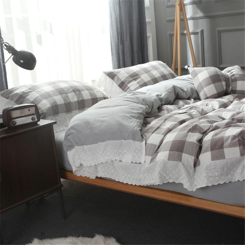 

3/4pc Grey and White Grids Bedding Set King Size Fitted Bed Sheets 100% Washed Cotton Quilt Covers Lace BedLinen Single Adult