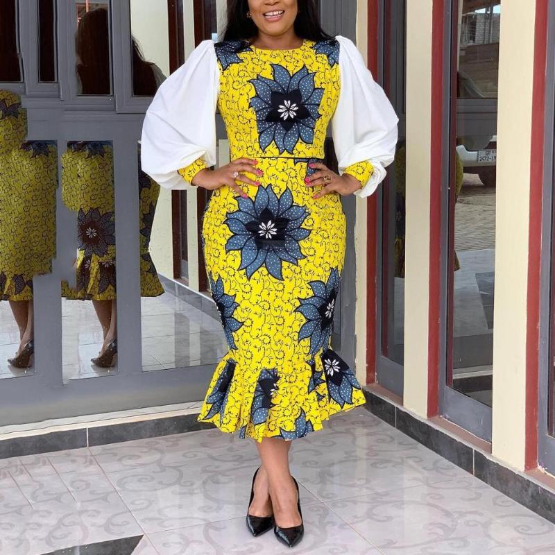 

African Office Dresses For Ladies 2021 Formal Classy Yellow Floral Mermaid Bodycon Mid Calf Elegant Business Work Cloth Dress