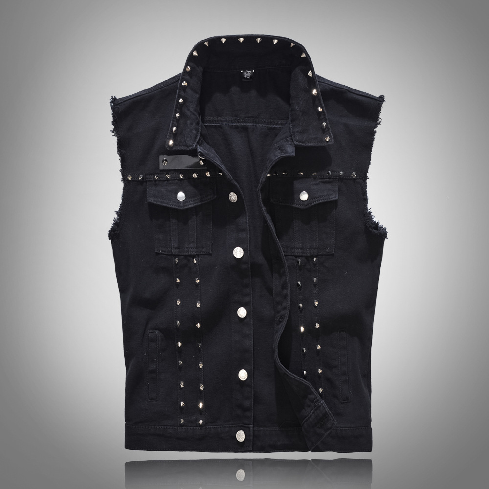 

2021 New Denim Vest Punk Rock Rivet Cowboy Black Waistcoat Fashion Men Motorcycle Style Sleeveless Jeans Jacket -5xl G14v