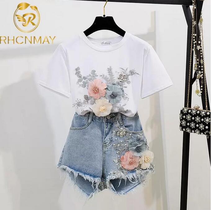 

2022 Summer Women 2 Piece Sets Embroidery 3D Flower T-shirt Denim Shorts Vintage Beading Shorts