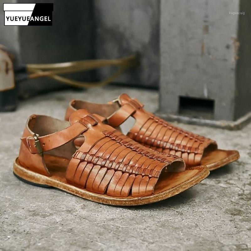 

Handmade Weave Vintage Rome Sandals Men Luxury Genuine Leather Cowhide Sandals Summer Open Toe Buckle Flat Shoes Plus Size1, As picture