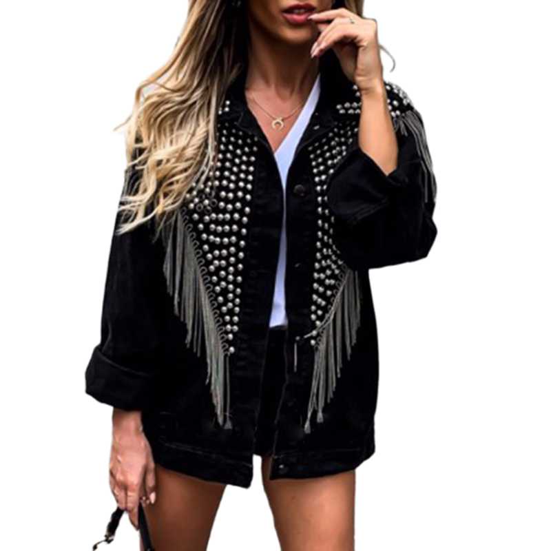 

Women' Jackets Women Tassel Rivet Spring Autumn Denim Jacket Dark Casual Black Outwear Streetwear Punk Fashion Jeans Coat 2021