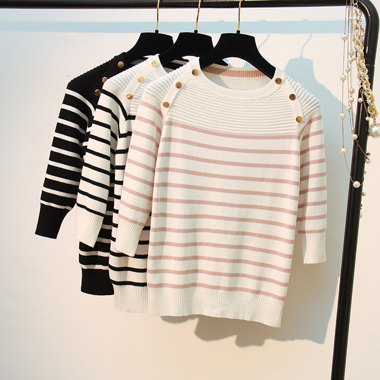 

2021 New Women Pullover Sweater Spring Autumn Half Sleeve Pullovers Button Decorate Striped Knitted Sweaters Female Tops Cu8h, Black