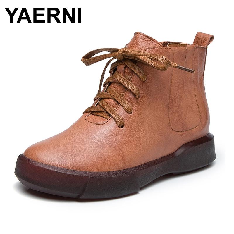 

YAERNI Fashion Winter Shoe Boots Genuine Leather Ankle Shoes Vintage Casual Shoes Warm Velvet Retro Handmade Women Boots, Brown without plush