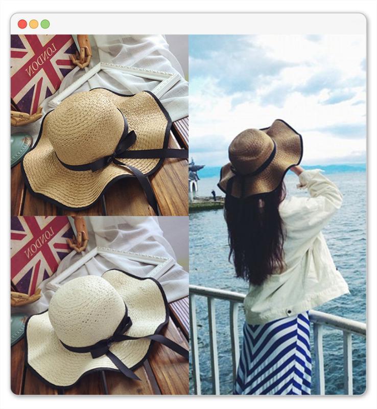 

Women Bowknot Big Brim Folding Straw Hat Sun Hat Floppy Wide Brim Hats Beach Cap1, White