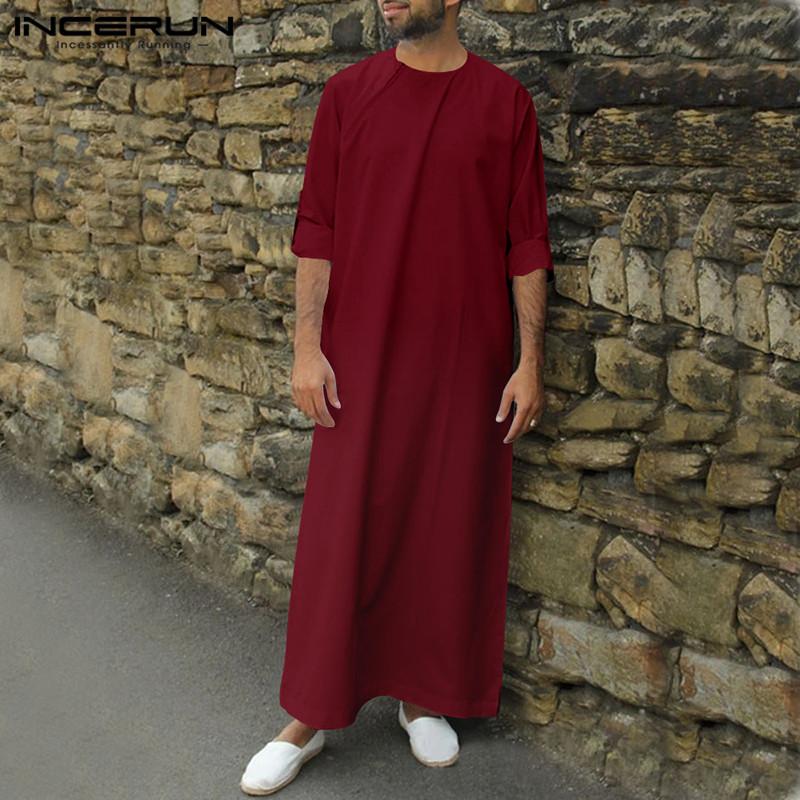 

INCERUN Men Islamic Arab Kaftan Muslim Abaya Solid Long Sleeve Loose O Neck Jubba Thobe Dubai Middle East Mens Robes Plus Size
