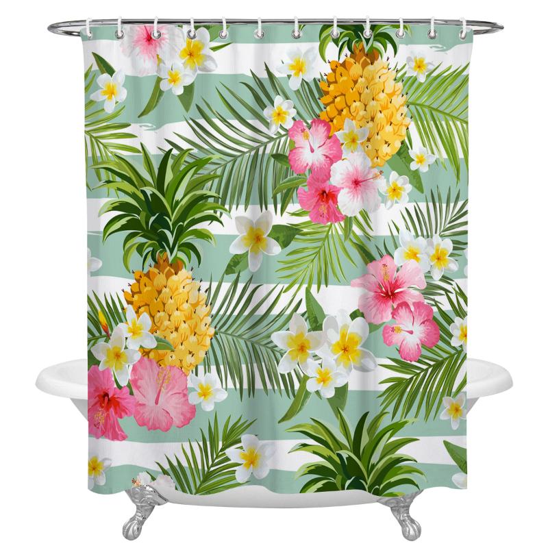 

Pineapple And Tropical Flower Shower Curtain Decorative Waterproof Polyester Fabric Bathroom Curtains with Hooks Home Bath Decor