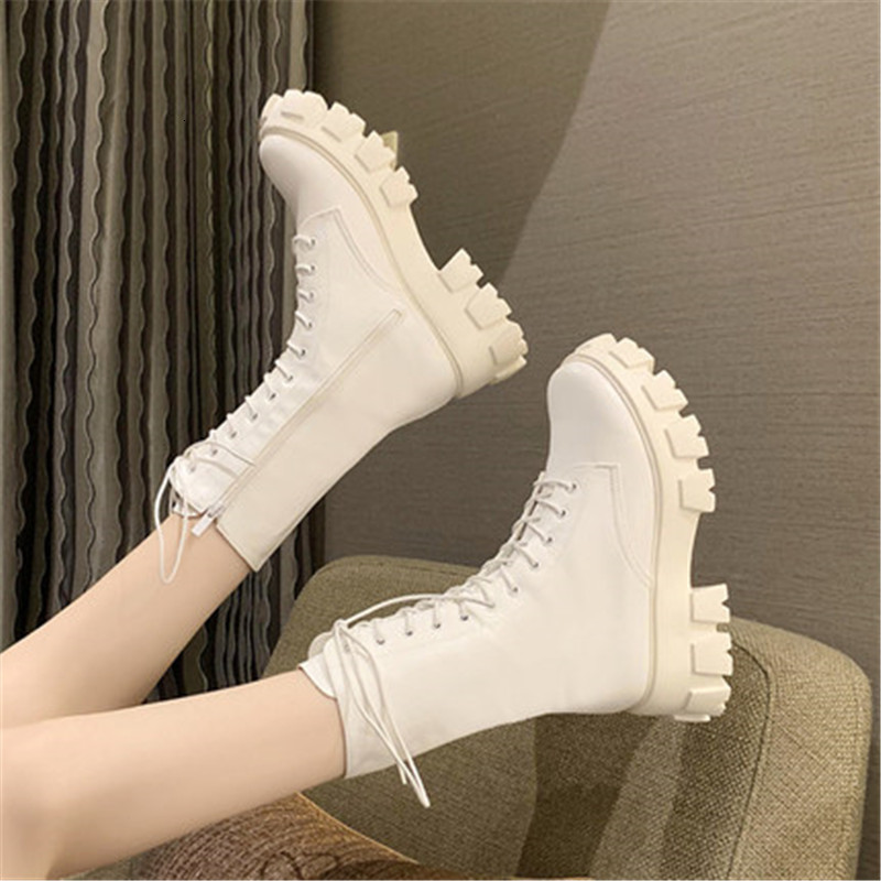 

New Beautiful 2021 Locomotive Fashion Leather Calf Boots Lacing Women's Shoes -40 VLF0, White