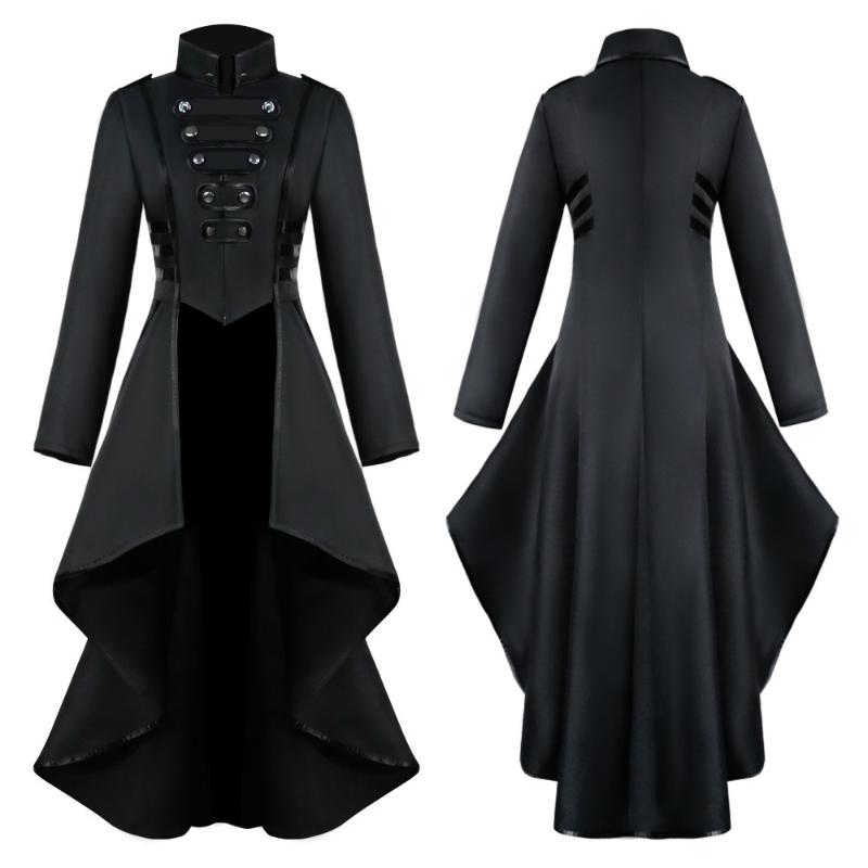 

Winter Autumn Coats Jacket Women Gothic Steampunk Button Lace Halloween Tailcoat Fashion Belt Lace-up Casual Overcoats #812, Black