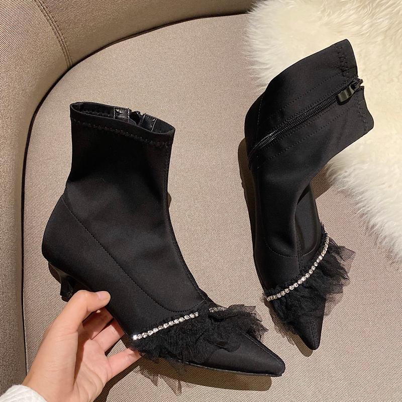 

Black High Heels Designer Womens Short Boots Ladies Low Heel Ankle Boots Fall Pointed Toe Female Shoes Vrouwen Laarzen1