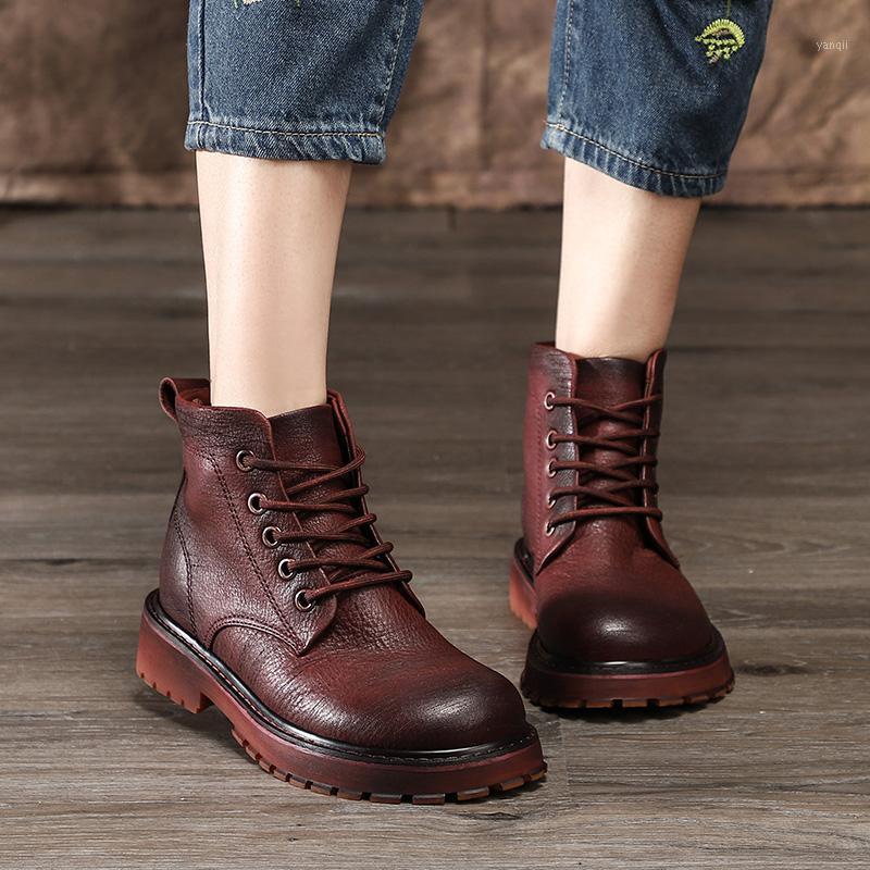 

2020 Handmade shoes Booties Genuine Leather Women shoes Round Toes Lace Up Old Fashion Female Casual Boots1, Brown