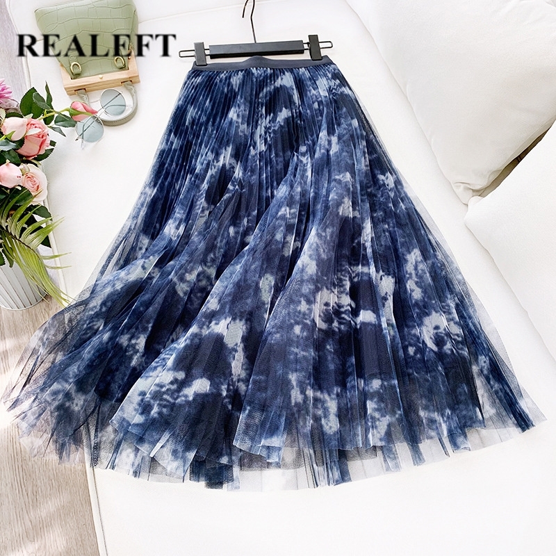 

REALEFT Spring Summer Women Mesh Patchwork Vintage Pleated Long Skirts High Waist Harajuku Tulle A-Line Mid-Calf Skirts Ladies Y200326, Green