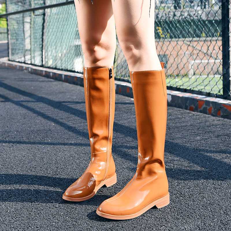 

Mid Calf Boots Women Shoes 3cm Heel Boots Patent Leather Fashion Shoes Black Yellow Winter Autumn Ladies 2020 New