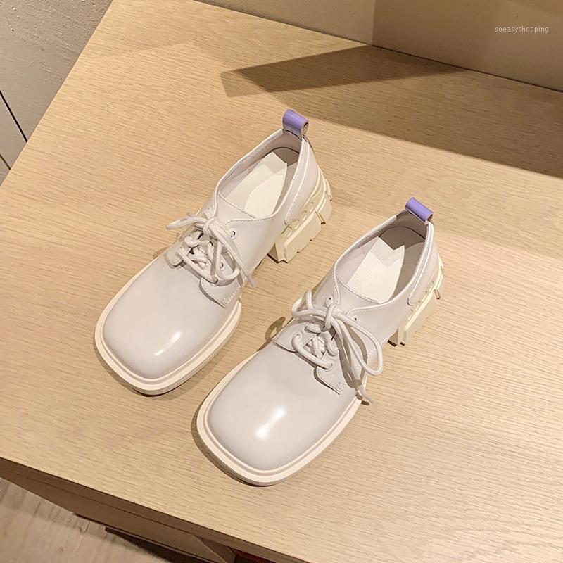 

2021 fashion spring new thick-heel platform lace-up loafers mid-heel platform casual all-match women's leather shoes1, Black