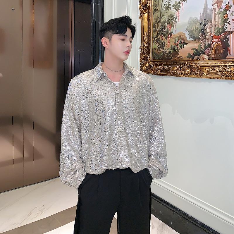 

Men Long Sleeve Loose Casual Sequins Shining Shirt Male Vintage Fashion Party Dress Shirts Night Club Dancer Stage Clothing, 9040
