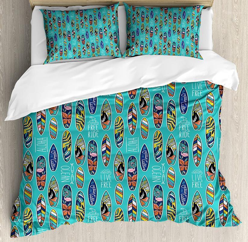 

Surfboard Duvet Cover Set Aloha Hawaii Live Free Ocean Water Sports Inspired Pattern Coastal Inspirations Bedding Set Multicolor1, As pic