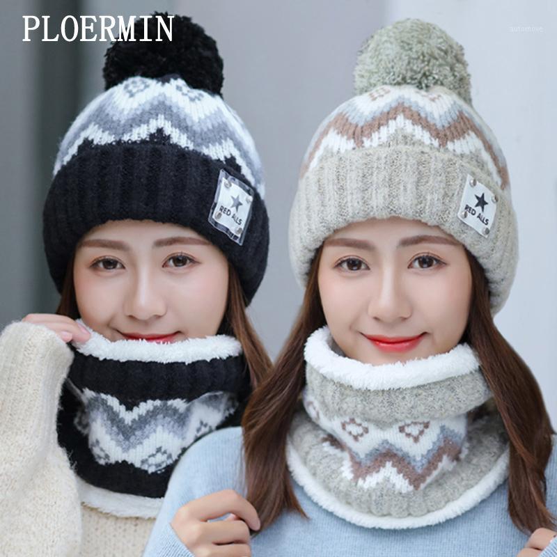 

PLOERMIN Women's Winter Hat Ski Brand Big Fur Pompoms Ball Knitted Hats Scarf Set Femmes Beanie Caps Warm Skullies Outdoor Cap1, White