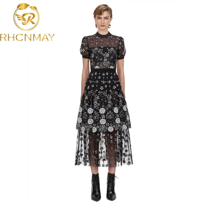 

Casual Dresses Self Portrait Vantage Dress 2021 Summer Design Black Mesh Embroidered Flowers Midi O-Neck Short Sleeve For Women