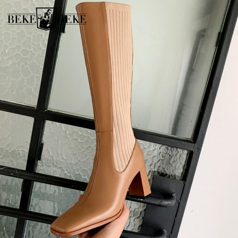 

Genuine Leather Womens Knee High Square Toe Mixed Colors High Heel Boot Height Increasing Zippers Cowhide Winter Warm Boot, Black
