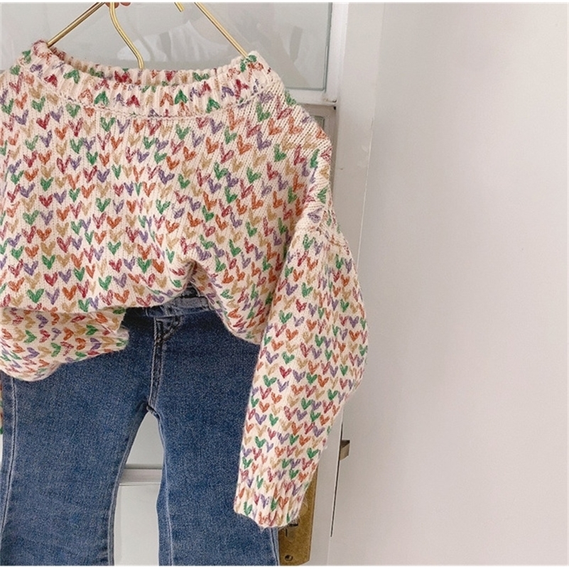 

Autumn Winter girls colorful heart printing knitting fashion sweaters warm casual pullovers 201109, Red