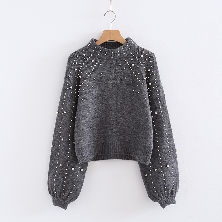 

2021 New Cashmere Cotton Blend Pearl Turtleneck Knitted Short Sweater Women Vintage Lantern Sleeve Pullover Jumper Autumn Winter J5t0, Dark grey