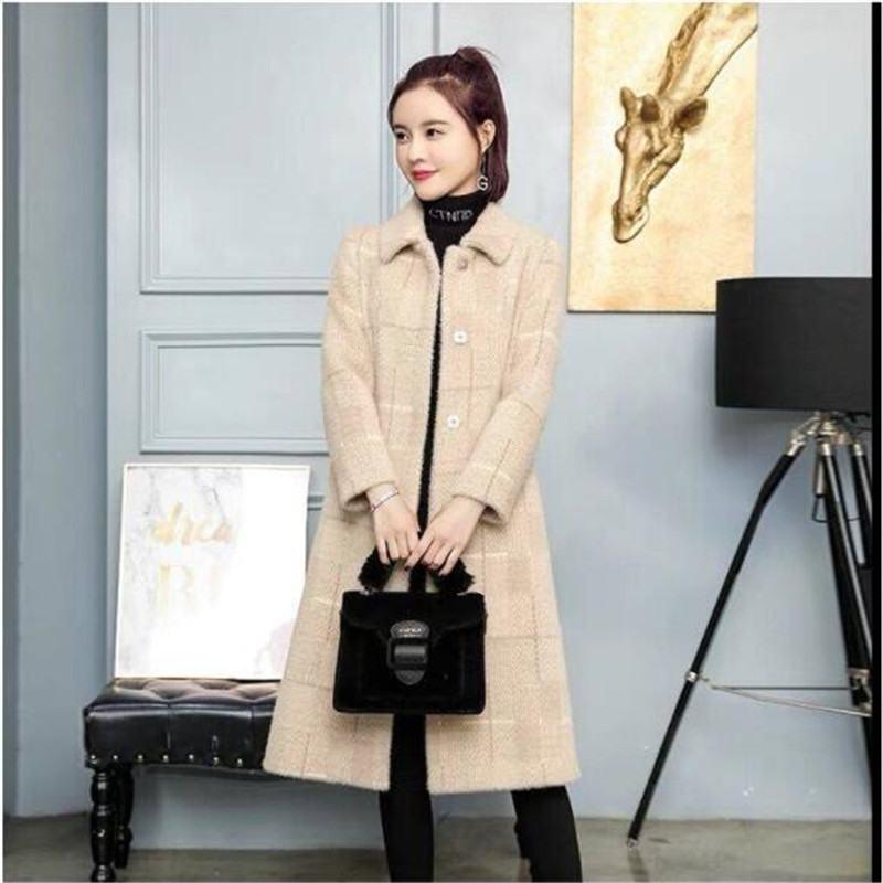 

2020 Autumn Winter Women Plaid Thicken Faux Mink Cashmere Wool Coat Female Elegant Fluffy Woolen Overcoat Casaco Mujer K72, Pink regular
