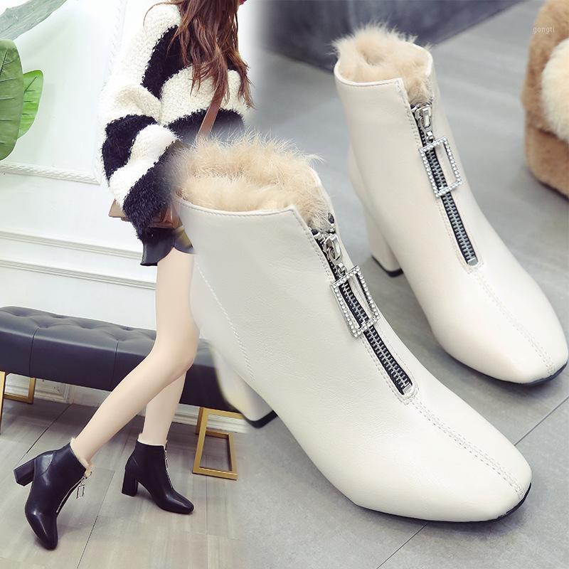 

SunNY Everest Winter New Women Short Boots Warm Front Zipper Single Boot Thick High Heels Black White Size 35-391