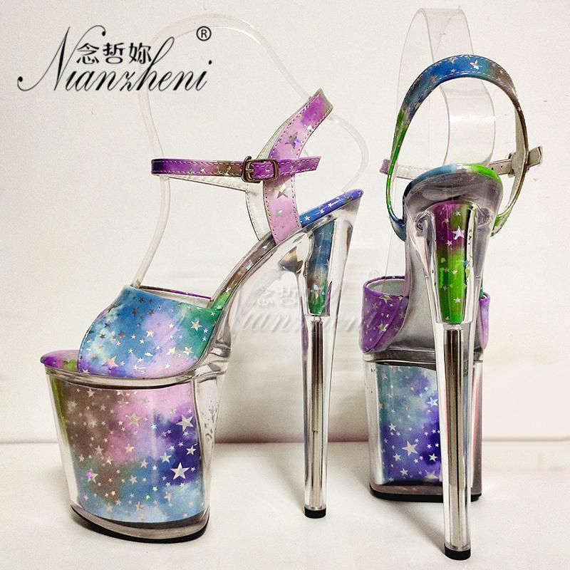 

Gradual change color Shallow Buckle strap Women Sandals 20cm Super High heeled shoes 8 inches Sexy Fetish Nightclub Pole dancing1, Blue