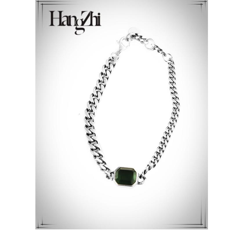 

HANGZHI 2020 New Trendy Vintage Exaggerate Green Geometric Zircon Asymmetric Chain No Fade Bracelet for Women Men Jewelry Gifts