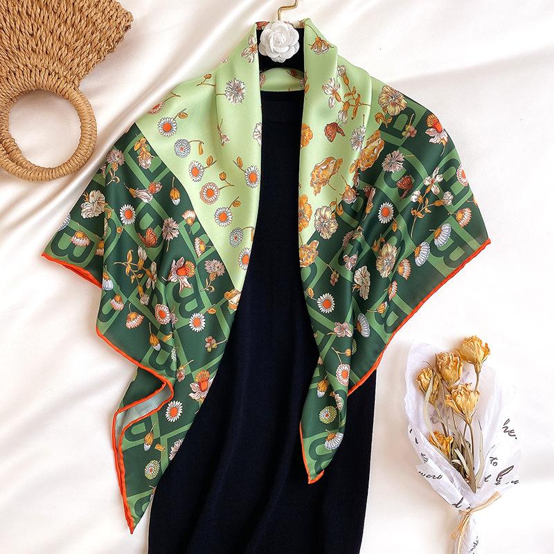 

Spring Autumn Square Silk Scarf Women Bandana Wraps Femme Daisy Print Neckerchief Shawl Retro Muslim Hijab Foulard