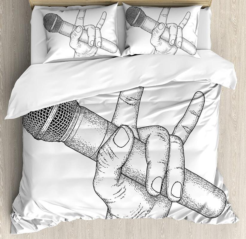 

Popstar Party Duvet Cover Set Hand Drawn High Sign for Rock Music Lovers and Microphone Sketch Art Bedding Set Black and White1, As pic