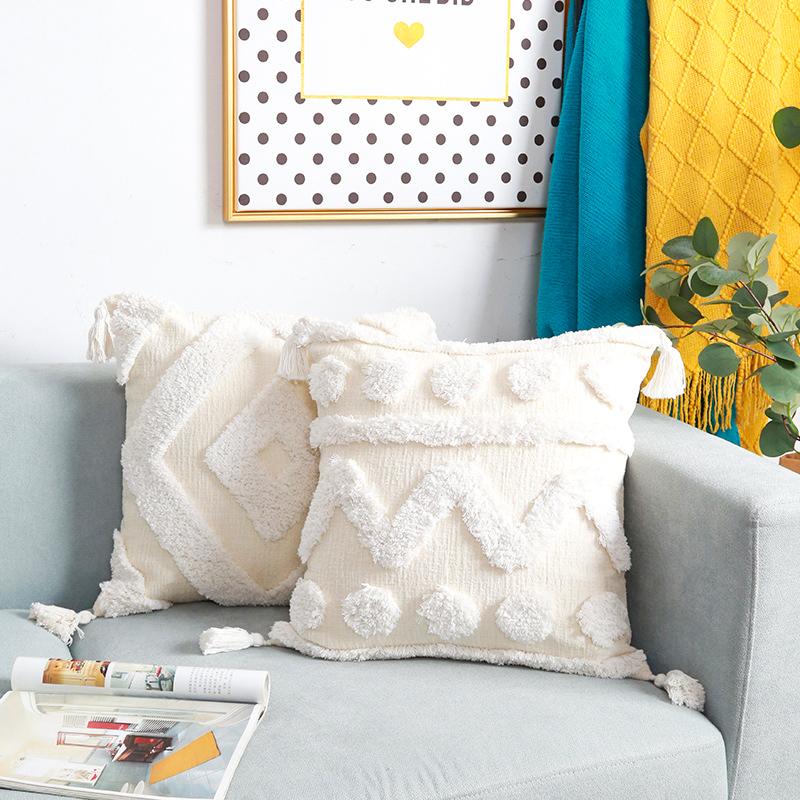 

Handmade Pillowcase Tufted Geometric Chenille Sofa Cushion Cover With Tassel Decorative Pillow Covers For Home