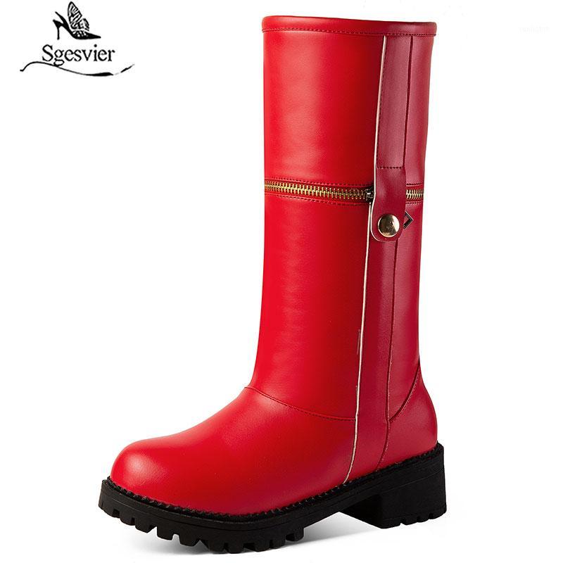 

Sgesvier Thick Heels Med Boots Women Mid-Calf Casual Boot Round Toe Motorcycle Shoes Female Shoes Ladies 2020 New Black Red1