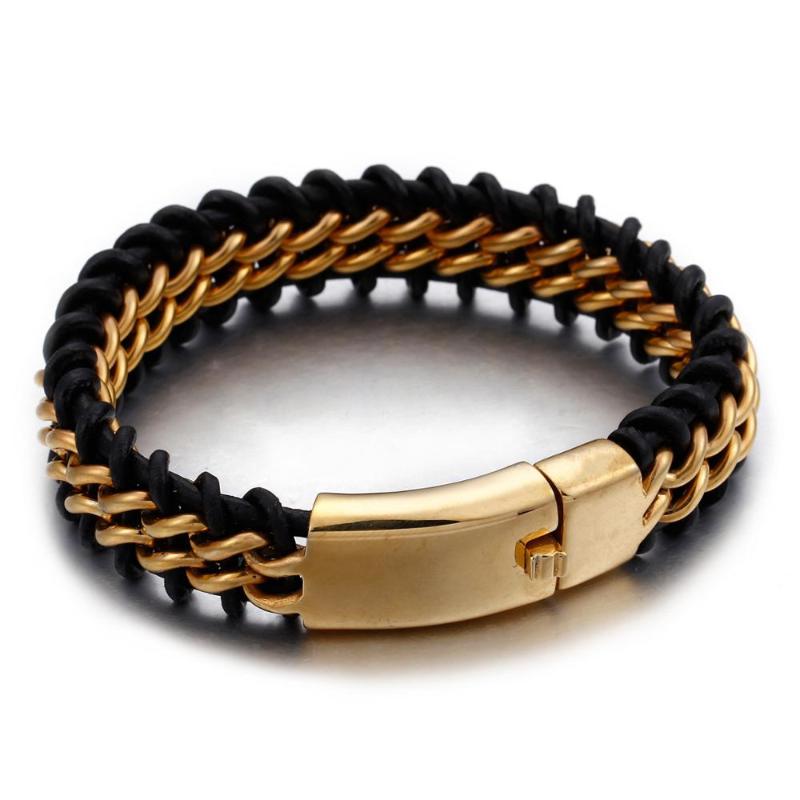 

Gold Plated Stainless Steel Chain Weave Black Leather Bracelet Bangle Jewelry 18mm*22cm