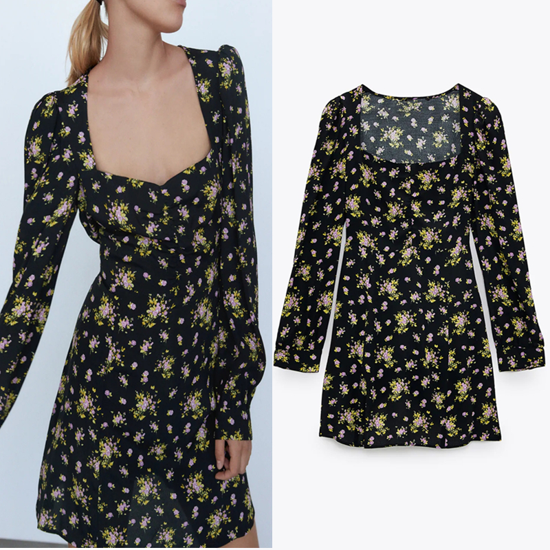 

2021 New Black Floral Print Mini Women Vintage Long Sleeve V-neck Ruched Short Dress Woman Fashion Side Zip Elegant Dresses C8zt