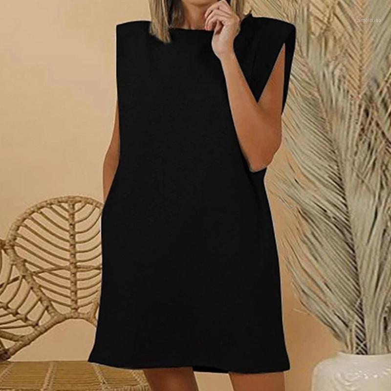 

Sleeveless Shirt Mini Dress Casual O-neck Short Dress Femme Long Tops Summer Women Long Tank Top Loose Ladies Polyester1, White