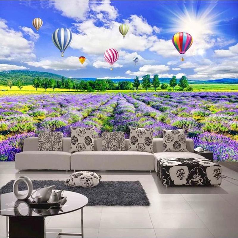 

Custom 3D Photo Wallpaper Lavender Flower Sea Hot Air Balloon Large Mural Living Room Bedroom Non-woven Wallpaper For Walls Roll, As pic