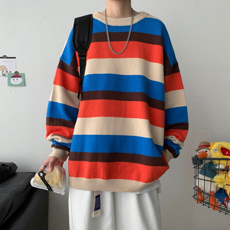 

Striped Sweater Men's Warm Fashion Hit Color Casual Knitted Pullover Men Wild Loose Korean Knitting Sweaters Mens Clothes -3XL, Orange