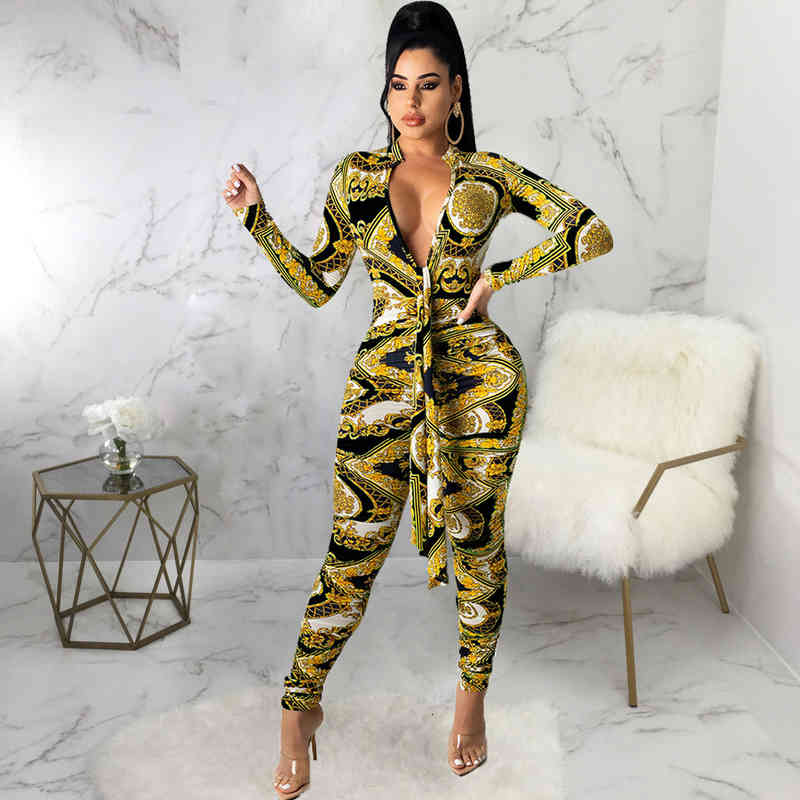 

Ladies Long Sleeve Deep V Neck Sexy Fashion Digital Printing Slim Fit Jumpsuit, White