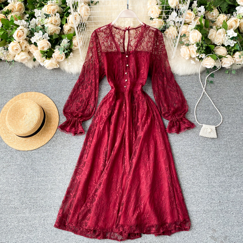 

2021 New Female singer sexy vintage lace puff button the line dressed in solid autumn shreds dress long KISU, Orange