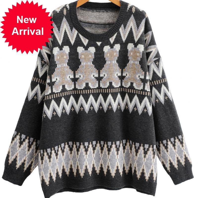 

2021 New Autumn of Vintage New Turtlenecks High-quality Nightgown Long-sleeve Embroidered Bear Casual Oversize Pullover Fashion P3z8, Beige