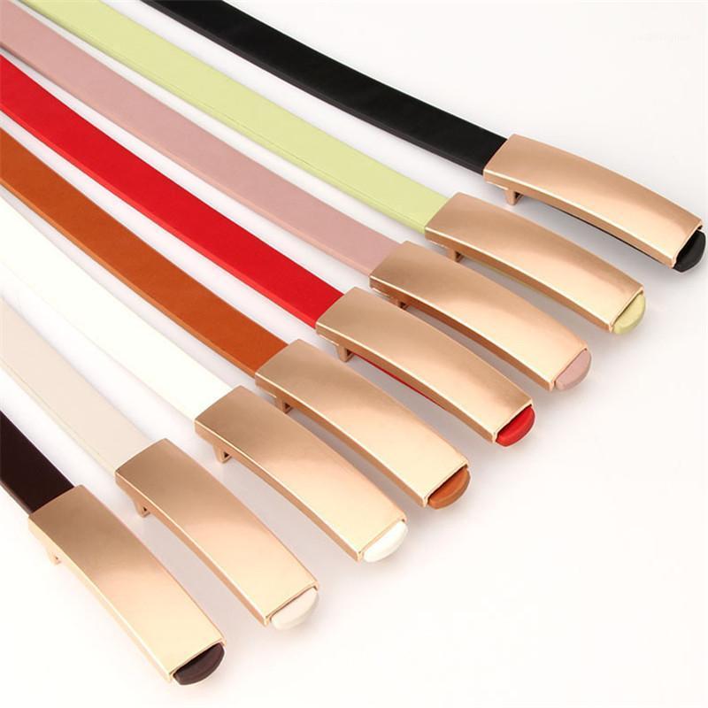 

Belts Design Slim Belt Dress Simple Women Leather Thin Skinny Metal Gold Elastic Buckle Classic Waistband Accessories, Black;brown