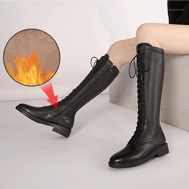

Plus Size 34-43 Women Retro Knee High Boots Lace-Up High Quality Genuine Leather Boots Female Square Low Heeled Footwears Ladies1, Black