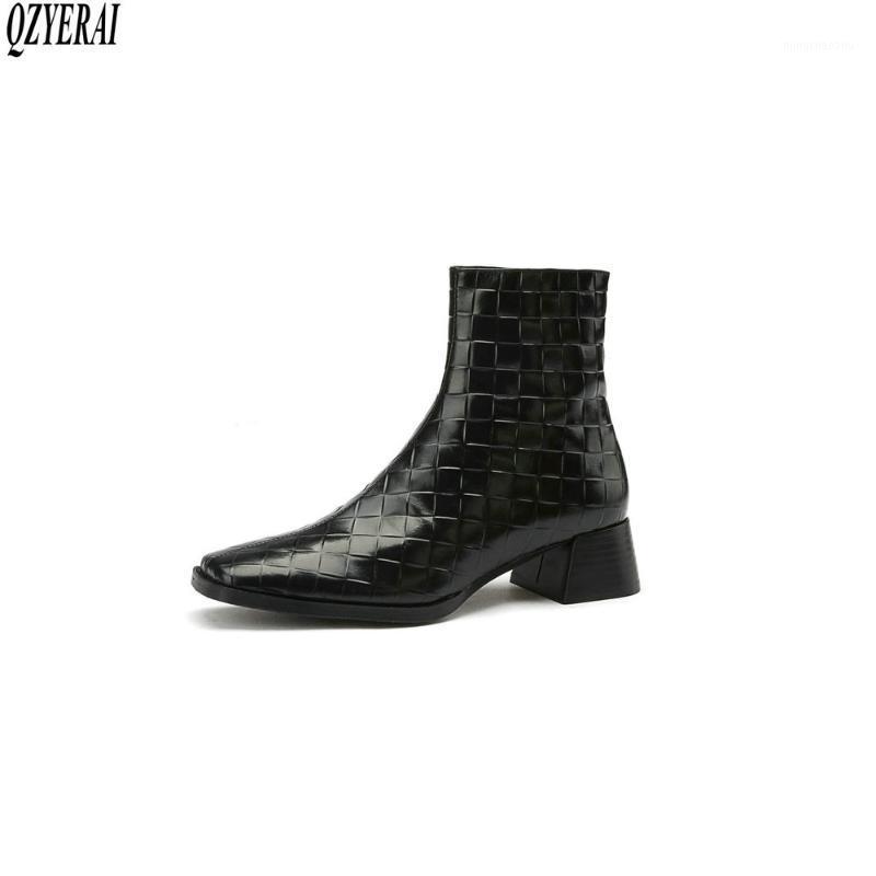 

QZYERAI Ankle boots Genuine leather Female boots Women's Autumn and winter Head layer cowhide Women's shoes Size 34-401, Brown