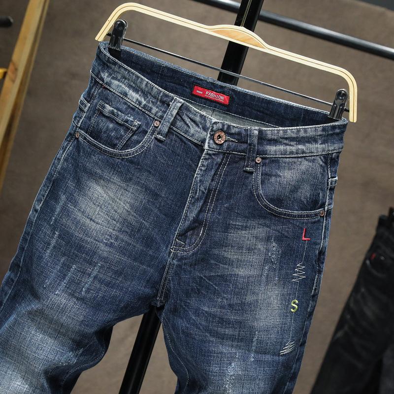 

2020 Autumn Winter Men's New Regular Casual Elastic Fashion Embroidery Jeans Stretch Denim Soft Pants Trousers Size -38,832, Blue