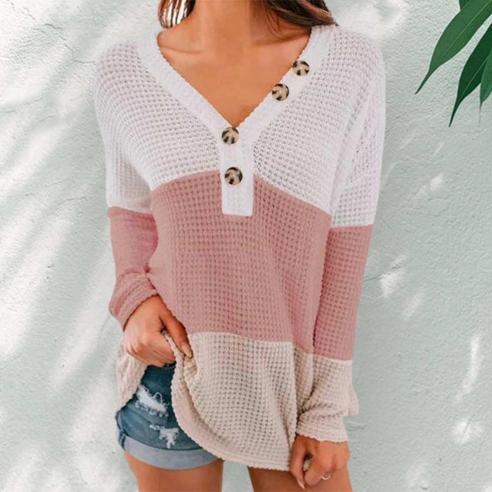 

2021 New Female Sweater Shreds Sleeve Cleavage on Thin Sweaters Solar Protection Button Women's Knitted or Crocheted Top Autumn 0O15, Pink.