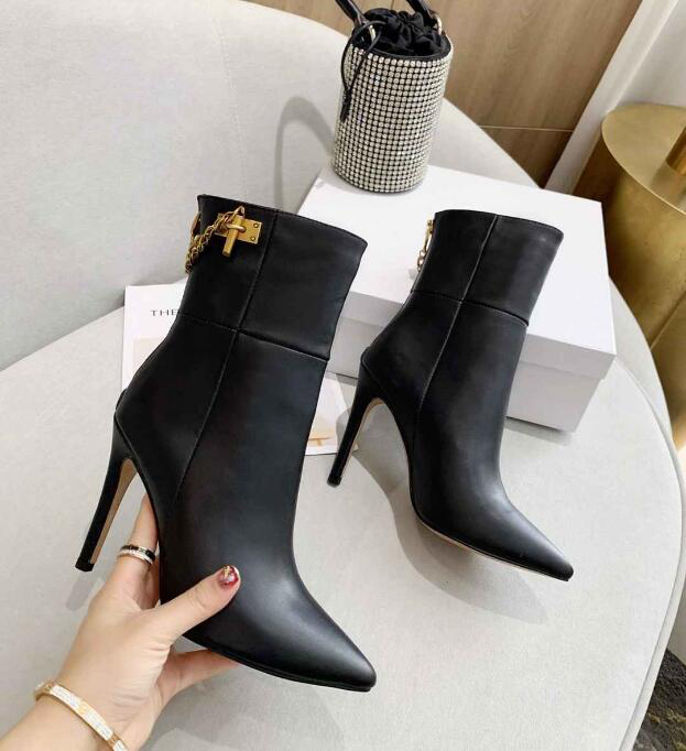

[Orignal Box] New Arrival JC Womens Half Real Leather Knight Winter Copper Chains Thin Heel Boots Size 35-41, With brand logo