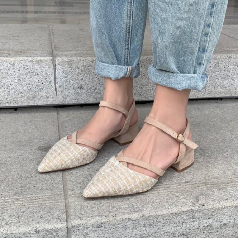 

2021 New Summer Chunky Mixed Material Straight Line Buckle a Sandals Semi-high Heels Kp4a, Black