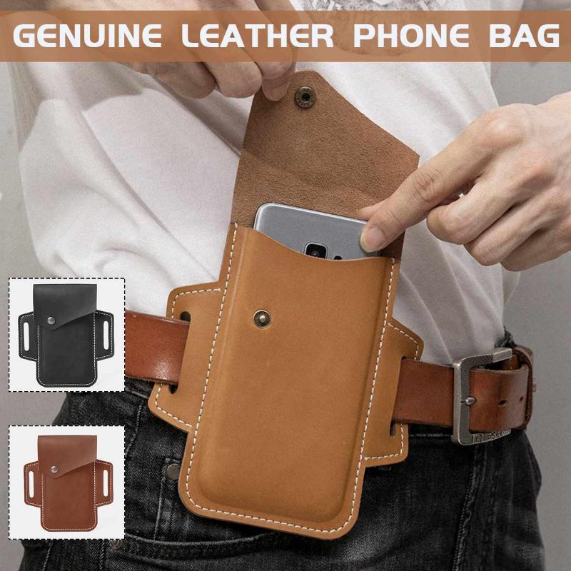 

2021 Vintage Men Genuine Leather Cellphone Loop Holster Case Belt Waist Bag Props Leather Purse Phone Wallet 6.3 inch Phone Bag, Black