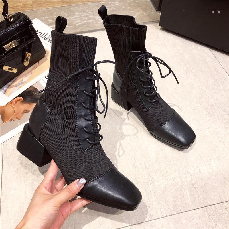 

New Fashion 2020 Sexy Women's Sock Boots High Heel Shoes Leather Stretch Knit Booties Party Woman Winter Shoes Casual Female1, Black